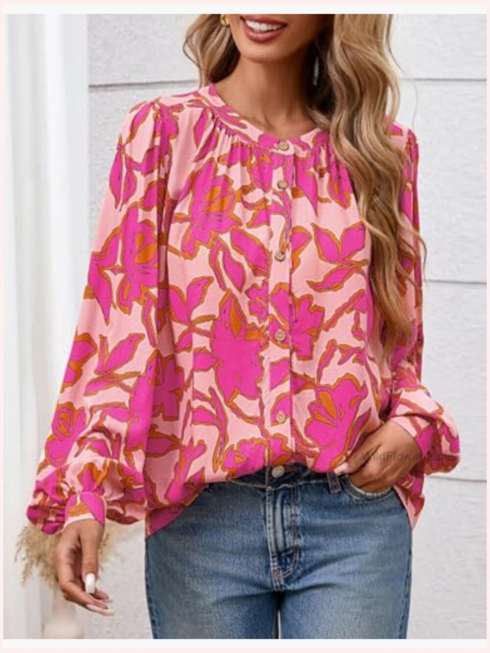 Floral Button Down Blouse Long Sleeve Boho Top Dressy Casual - Picture 3 of 7